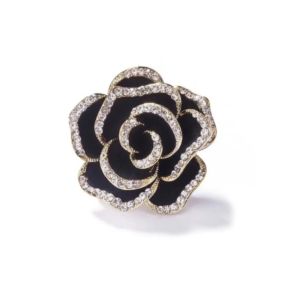 Elegant Black Rose Crystal Brooch